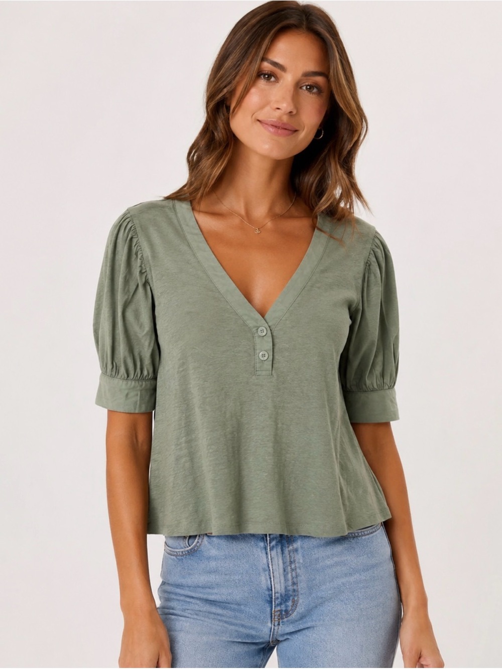 NEW Gap L Green puff short sleeve V neck softcore cotton casual minimalist top